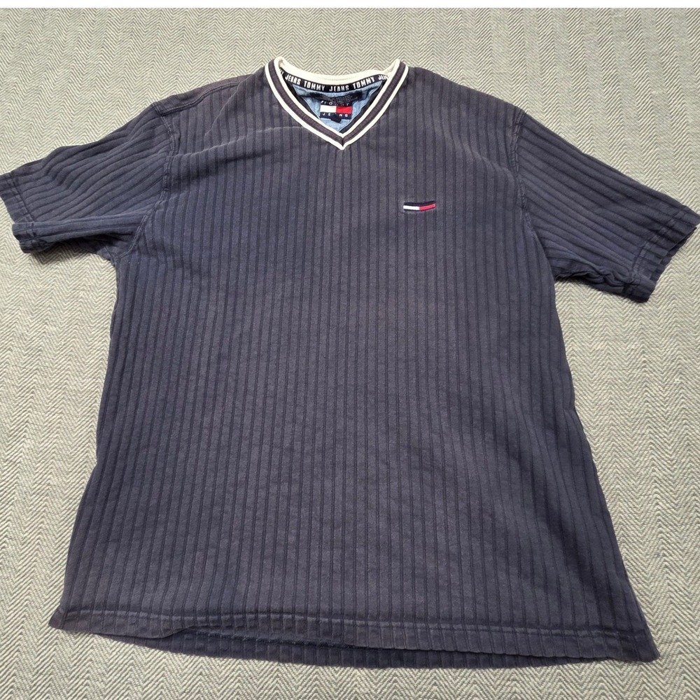 Tommy Jeans Mens XL Navy Blue Ribbed V-Neck Short Sleeve Vintage T-Shirt Logo